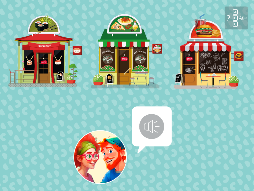 A MyWay listening activity. Three restaurant fronts sit across a patterned teal background: a sushi
            restaurant, an Italian one and a burger bar. A character avatar with a speaker bubble sits below them, and
            a multiple-choice icon marks the activity type in the corner.