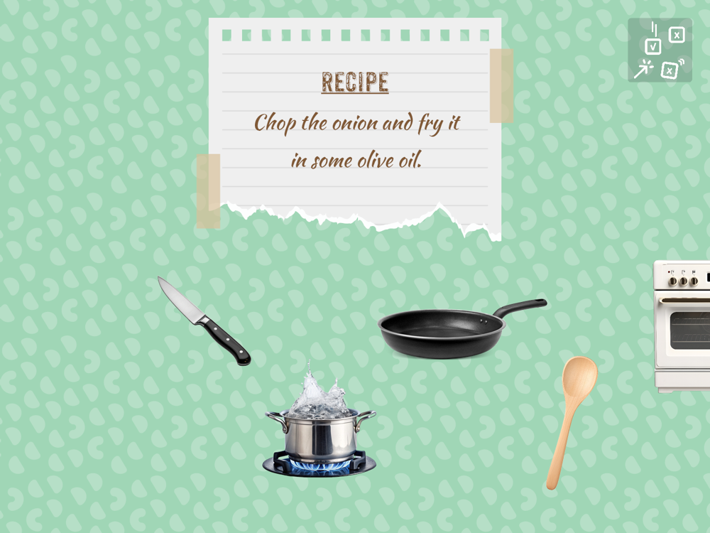 The Recipe Rush activity. A torn recipe card taped to a mint green patterned background reads: chop the
            onion and fry it in some olive oil. A knife, a frying pan, a pot boiling on a hob, a wooden spoon and an
            oven are laid out below it.